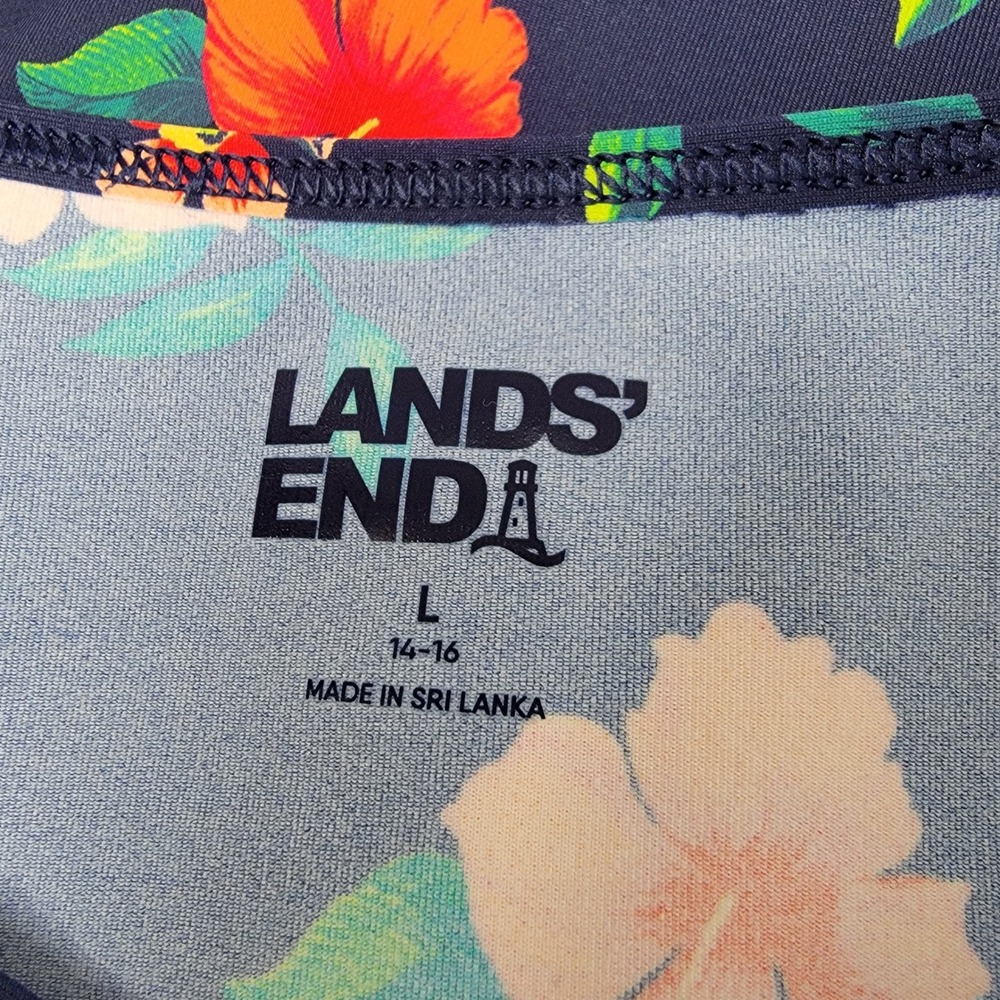 Lands' End Women's L 14-16 Navy Blue Tropical Hibiscus UPF 50+ Rash Guard Top - Picture 7 of 11